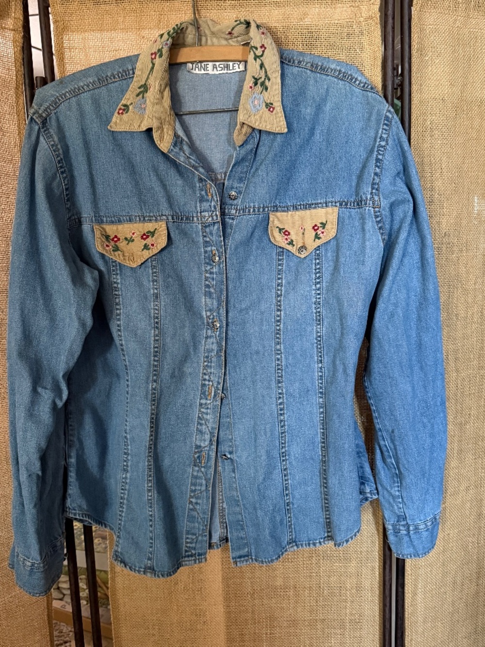 Vintage Jane Ashley Blue Chambray Cowgirl Long Sleeve Shirt Corduroy Collar Sz S